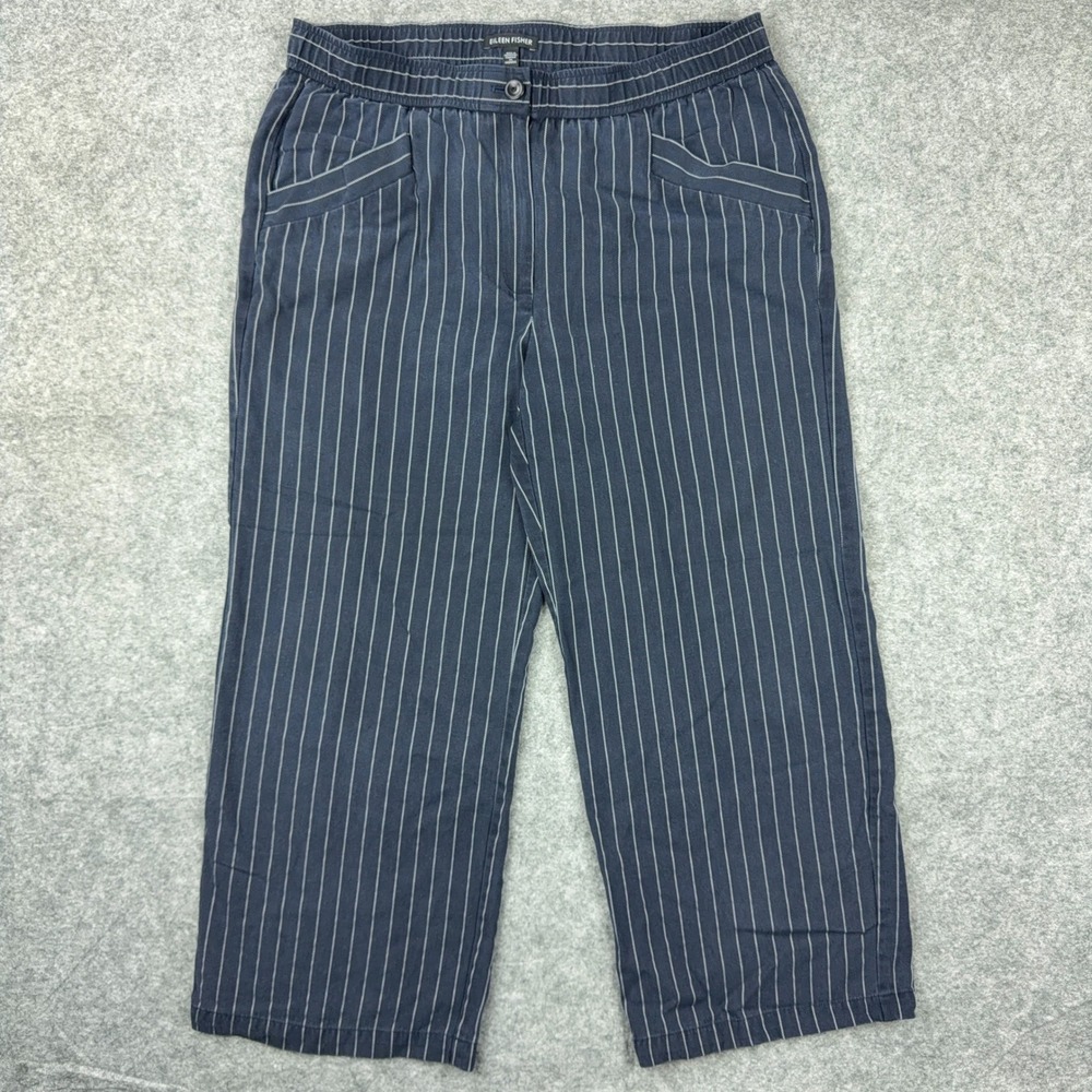 Eileen Fisher Pants Womens Small S Navy Blue Pinstripe Wide Leg Cropped Tencel